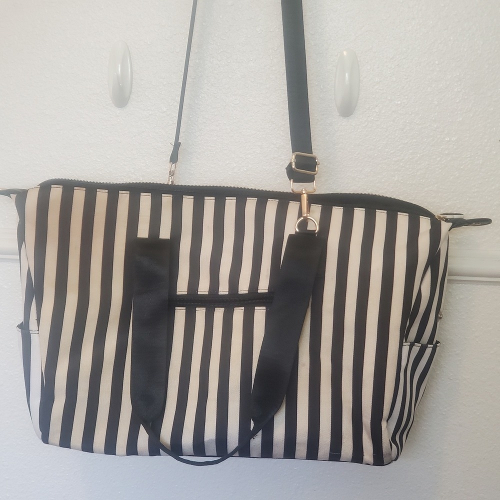 Alice + Olivia Stacey Bendet Striped Duffel Bag Black White Weekendr Travel Tote